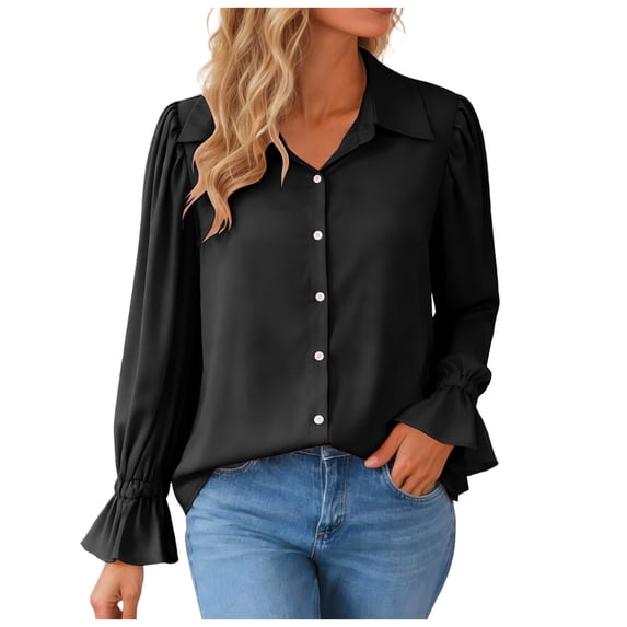 COMVALUE Women's 2026 Business Casual Tops Summer Long Sleeve Button Down Shirts V Neck Blouses (Black, XXL)