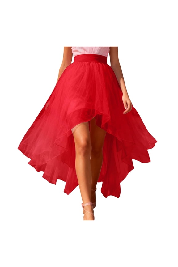 Women's 2026 Bustle Skirt Elastic Waist Hi-Lo Tutu Tulle Festival Party Skirt (Red, One Size)
