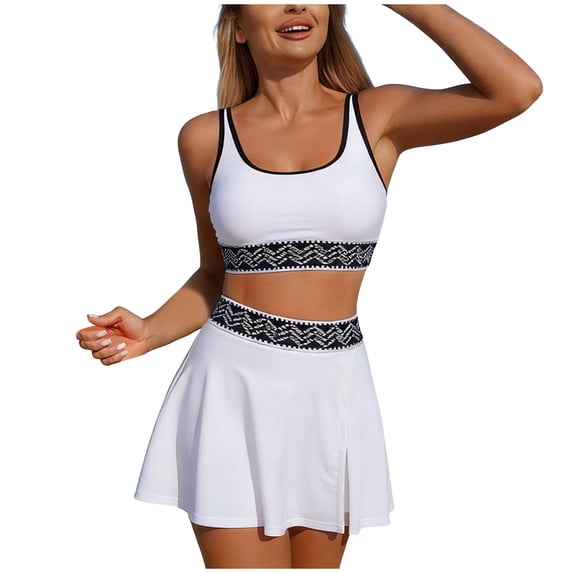 COMVALUE Women's 2026 Cropped Bikini Top Geometric Waistband Slit Skirted Two Piece Swimsuit (White, XL)