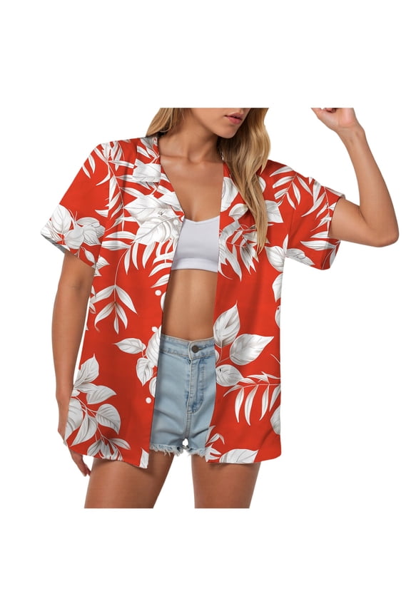 Women's 2026 Hawaiian Floral Print Short Sleeve Button Up Shirt (Red, 5XL)