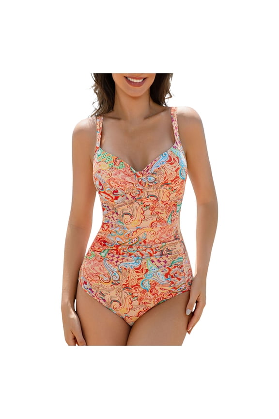 Women's 2026 Ruched Twist Front One Piece Swimsuit Tummy Control Push Up Vintage Retro Bathing Suits (XL, Orange)