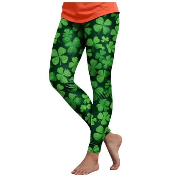 COMVALUE Women's 2026 St. Patrick's Day High Waist Leggings Shamrock Printed Irish Green Clover Leaves Tight Pants for Women (Black, M)