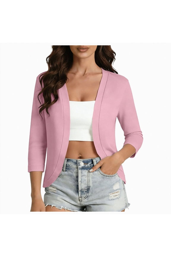 Women's 3/4 Sleeve Open Front Cardigan V-Neck Knit Cropped Bolero Shrug Sweater for Women Pink XXL