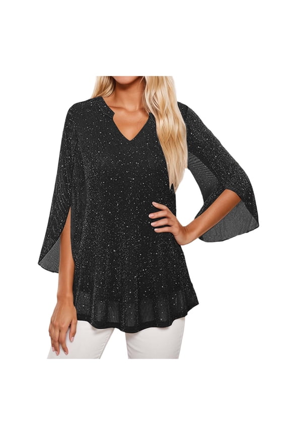 Women's 3/4 Sleeve V Neck Floral Tunic Tops Double Layers Loose Fit Mesh Blouses Shirt (Black, 4XL)