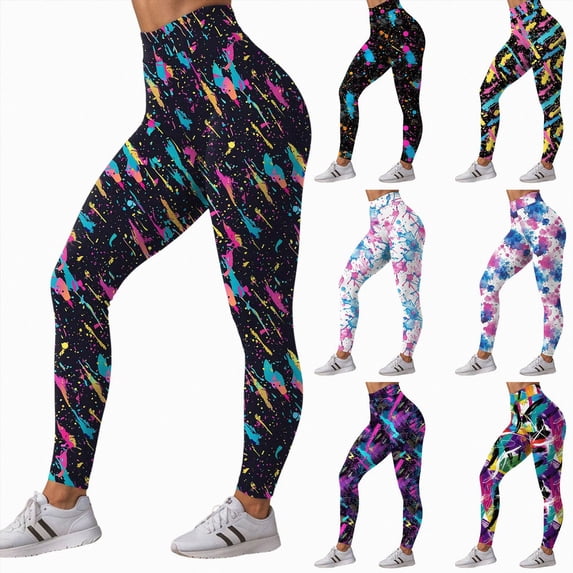 COMVALUE Women's 80s Leggings Neon Artistic Splash Printed Buttery Soft Stretchy Pants Navy L