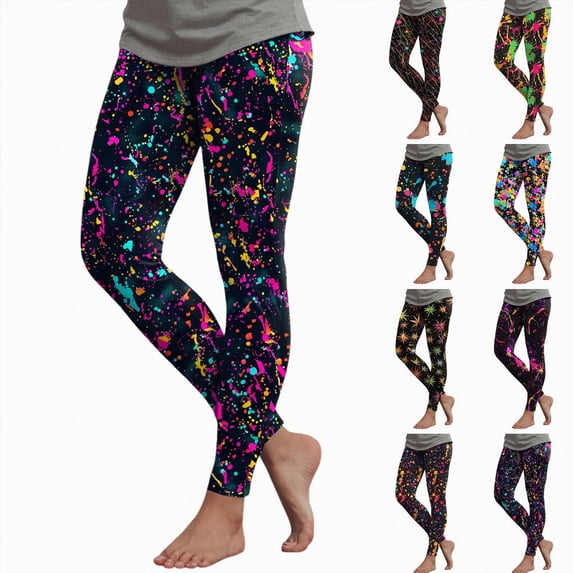 COMVALUE Women's 80s Leggings Neon Artistic Splash Printed Buttery Soft Stretchy Pants Orange Size S