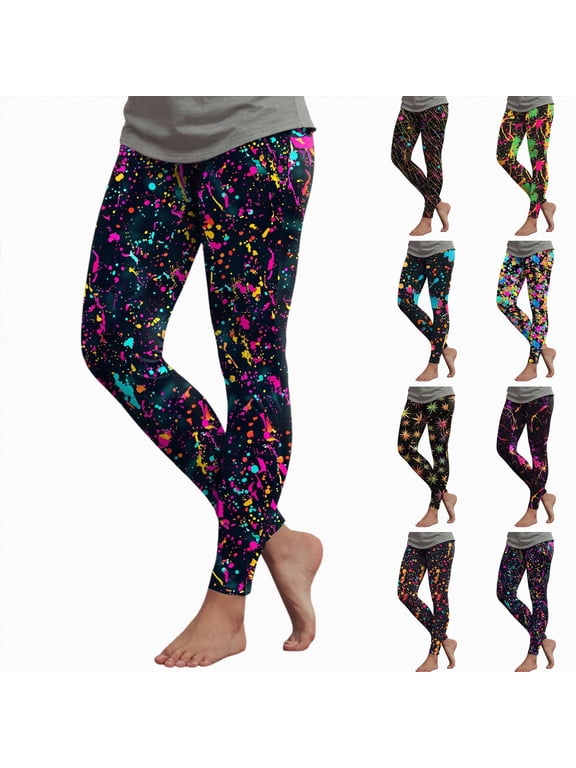 Women's 80s Leggings Neon Artistic Splash Printed Buttery Soft Stretchy Pants Orange Size S