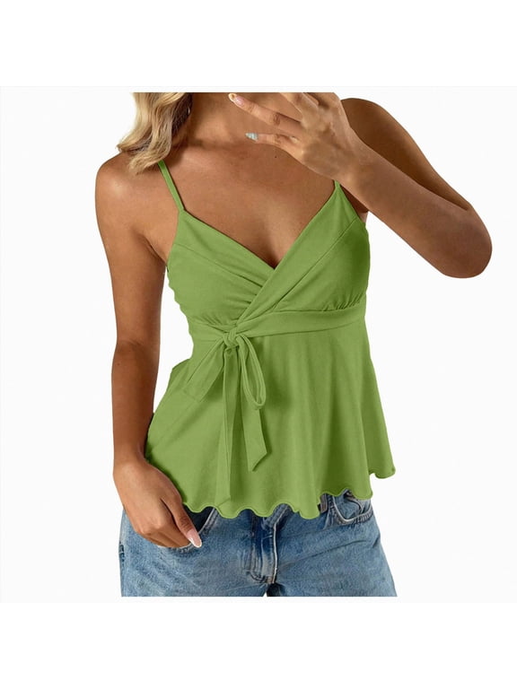Women's Babydoll Tops Sleeveless V Neck Peplum Crop Wrap Top Cute Summer Tie Front Camisole (Green, L)