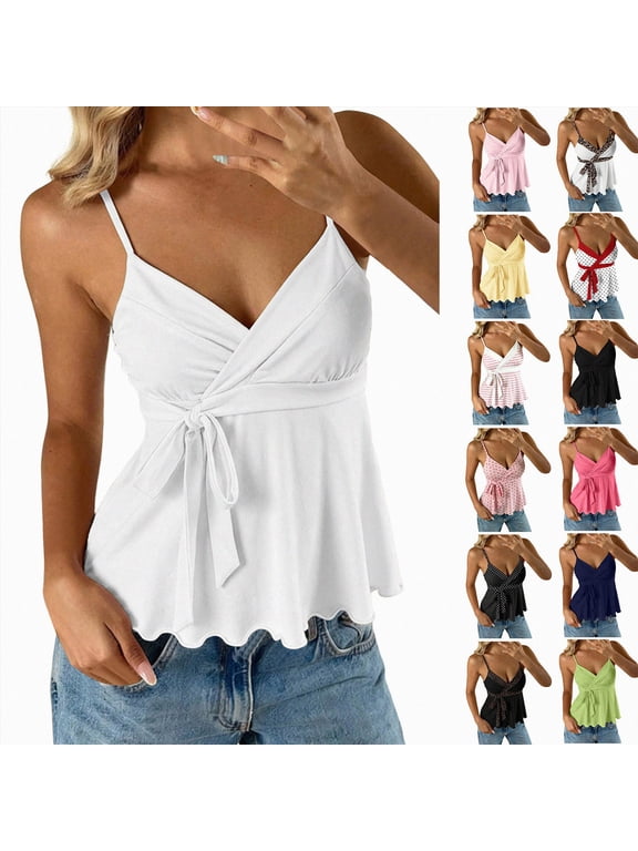 Women's Babydoll Tops Sleeveless V Neck Peplum Crop Wrap Top Cute Summer Tie Front Camisole Navy L