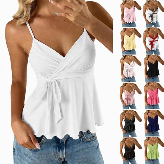 COMVALUE Women's Babydoll Tops Sleeveless V Neck Peplum Crop Wrap Top Cute Summer Tie Front Camisole Yellow S