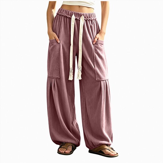 COMVALUE Women's Baggy Wide Leg Pants Casual Drawstring Harem Pants Bohemian Trousers with Big Pockets (Pink, S)