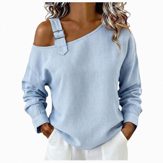 COMVALUE Women's Basic Summer Clothes Spring Long Sleeve Shirts | shirt women,Metal Buckle Soft Linen Fabric Tops Daily Casual Loose Blouse (Light Blue, S)