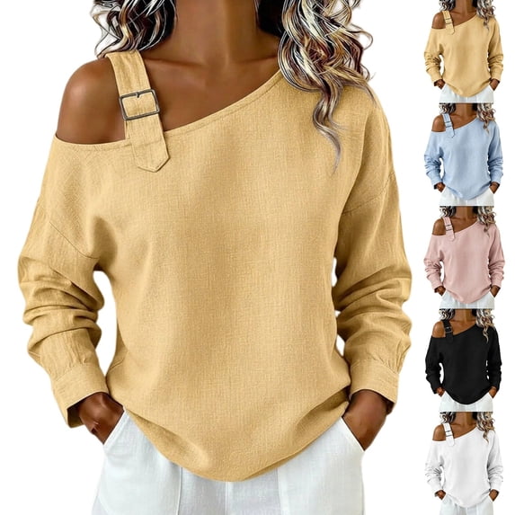 COMVALUE Women's Basic Summer Clothes Spring Long Sleeve Shirts | shirt women,Metal Buckle Soft Linen Fabric Tops Daily Casual Loose Blouse (Pink, L)