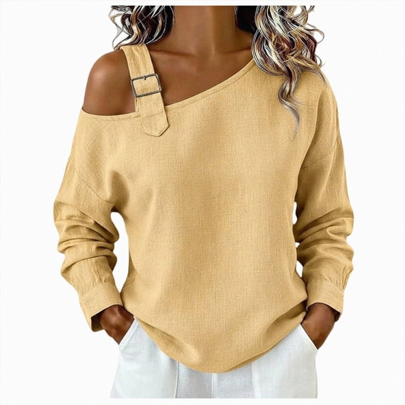 COMVALUE Women's Basic Summer Clothes Spring Long Sleeve Shirts | shirt women,Metal Buckle Soft Linen Fabric Tops Daily Casual Loose Blouse (Yellow, XL)