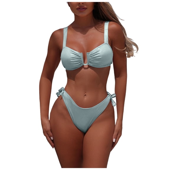 COMVALUE Women's Bikini Set Sexy High Cut Cheeky Bathing Suit Two Piece Tie Sides (Blue, L)