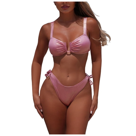 COMVALUE Women's Bikini Set Sexy High Cut Cheeky Bathing Suit Two Piece Tie Sides (Pink, L)
