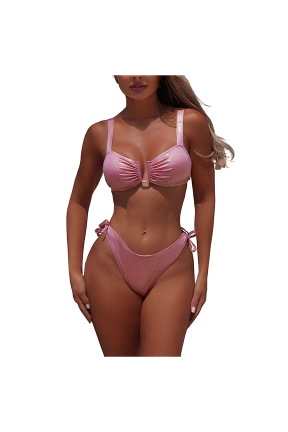 Women's Bikini Set Sexy High Cut Cheeky Bathing Suit Two Piece Tie Sides (Pink, S)