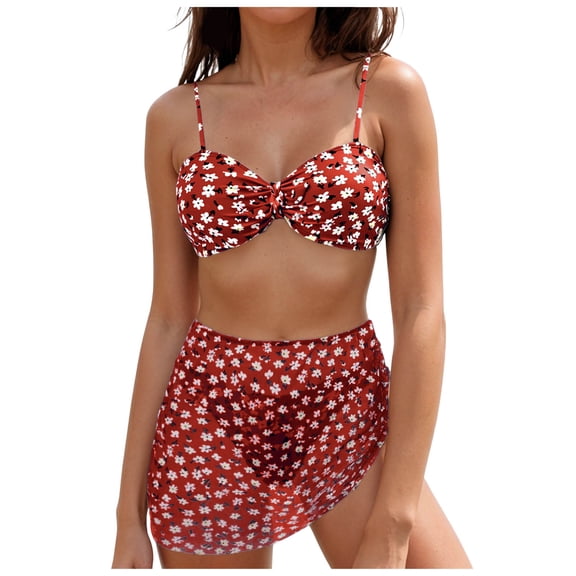 COMVALUE Women's Bikini Sets High Waisted Swim Skirt Tummy Control Swimsuits Two Piece Bathing Suit (Red, M)