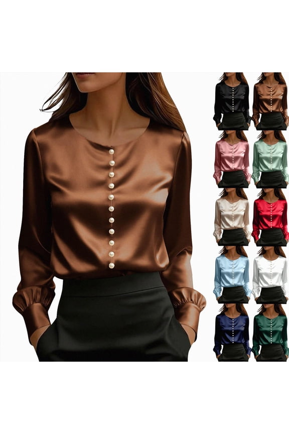 Women's Blouse Long Sleeve Satin Shirts Front Pearl Embellished Puff Cuff | Casual Office Crewneck Business White for Size M
