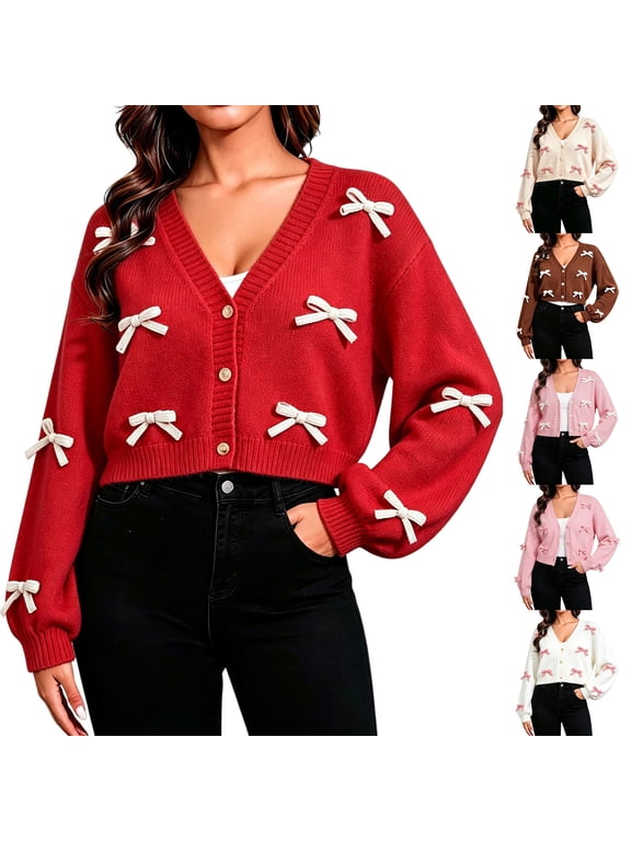 Women's Bow Sweater Cardigan Button Down Knit Cropped Cardigan Cute Sweater with Bows Cropped V Neck Long Sleeve Lightweight for Women (Light Pink, XL)