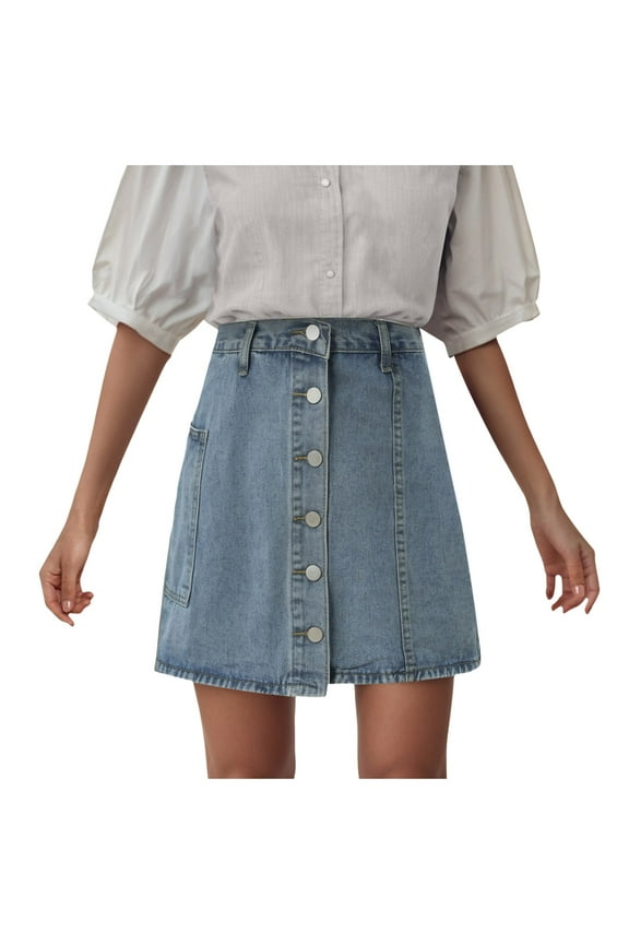 Women's Button Down High Waisted A Line Jean Mini Denim Skirt with Pockets (Blue, L)
