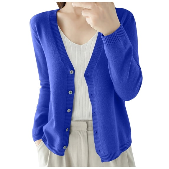 COMVALUE Women's Cardigans Lightweight Button Up Fall Long Sleeve Cardigan Sweater Solid Color V Neck Knitted Tops (Blue, XXL)