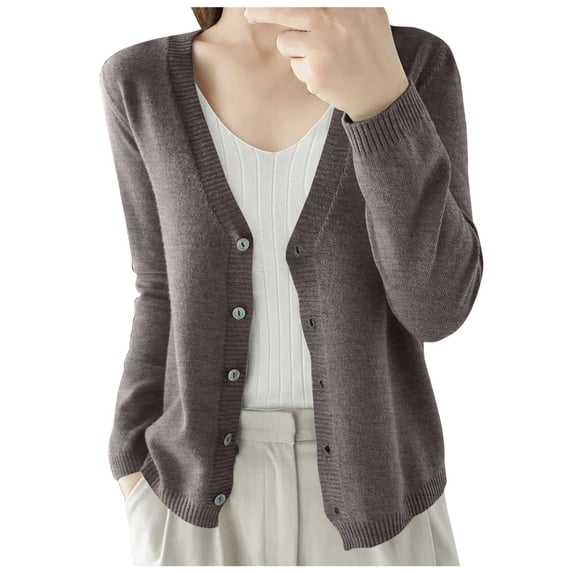 COMVALUE Women's Cardigans Lightweight Button Up Fall Long Sleeve Cardigan Sweater Solid Color V Neck Knitted Tops (Coffee, XXL)