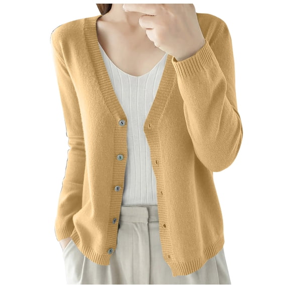 COMVALUE Women's Cardigans Lightweight Button Up Fall Long Sleeve Cardigan Sweater Solid Color V Neck Knitted Tops (Yellow, XXL)