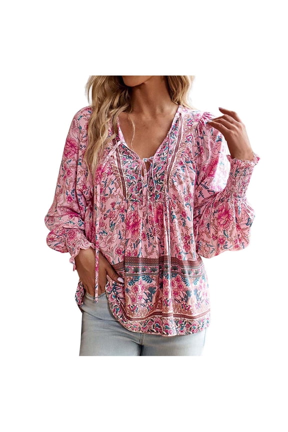 Women's Casual Boho Top Loose Floral Printed V Neck Long Sleeve Beach Shirts Blouses (Pink, L)