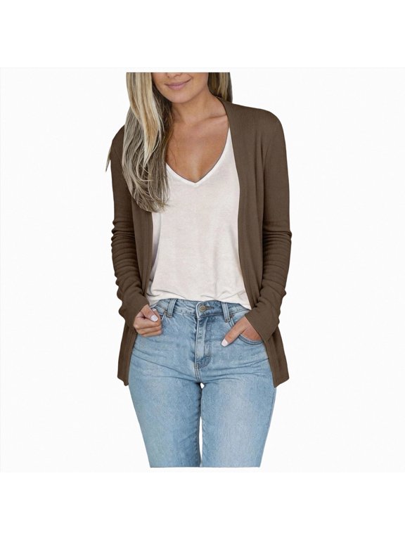 Women's Casual Cardigans with Pockets Lightweight Open Front Cardigan Sweaters Dressy Knit Outfits Plain Color Coffee S