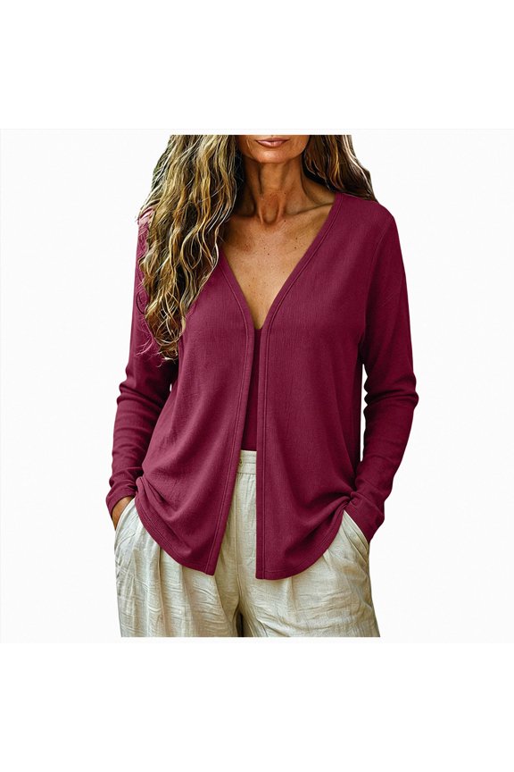 Women's Casual Cardigans with Pockets Lightweight Open Front Cardigan Sweaters Dressy Knit Outfits Plain Color Wine for Size S