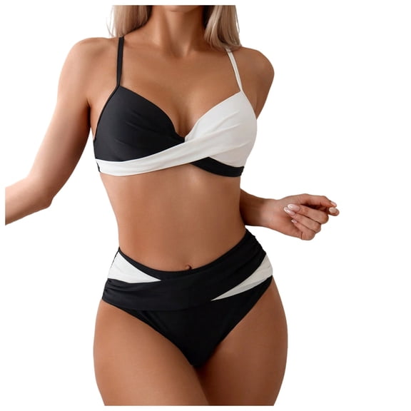 COMVALUE Women's Color Block Halter Bikini Sets Cheeky Swimsuit High Waisted Thong Modest Bathing Suit (Black, XXL)