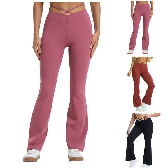 COMVALUE Women's Crisscross High Waisted Flared Wide Leg Stretchy Leggings Pants (Black, M)