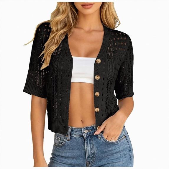 COMVALUE Women's Crochet Cardigan Sweaters Lightweight Summer Boho Open Front Knit Shrug 1/2 Sleeve Beach Cover Up Black L