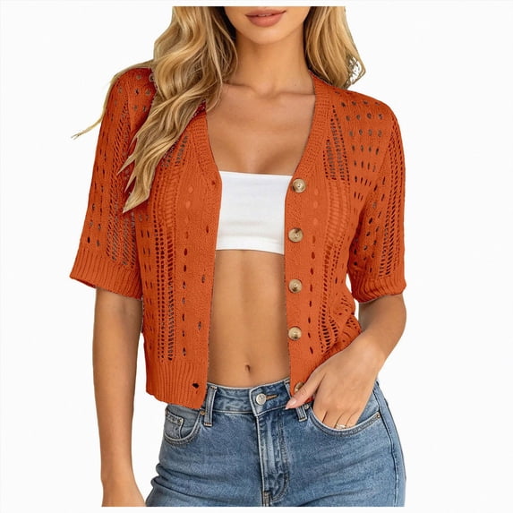 COMVALUE Women's Crochet Cardigan Sweaters Lightweight Summer Boho Open Front Knit Shrug 1/2 Sleeve Beach Cover Up Red M
