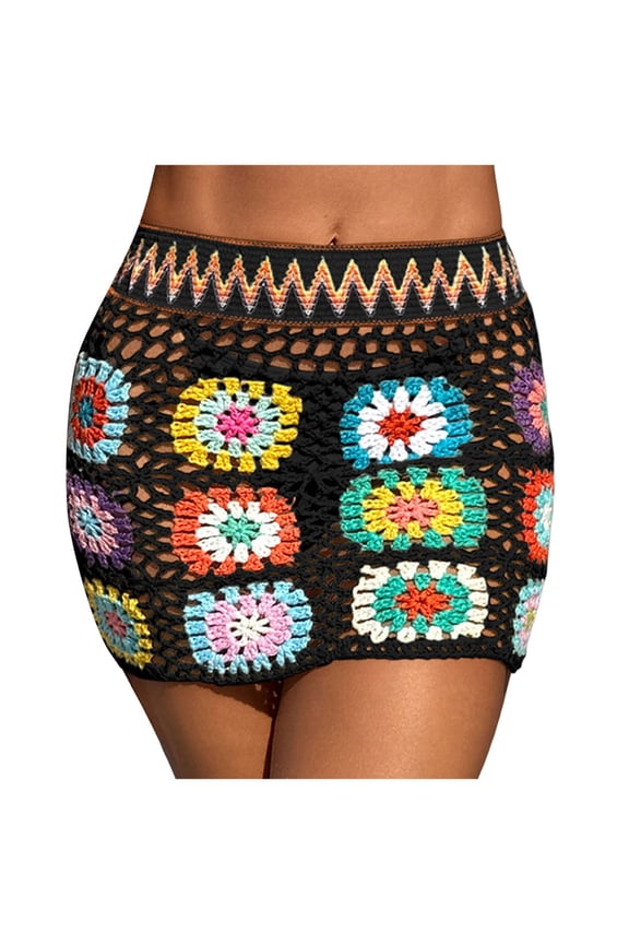 Women's Crochet Floral Boho Cover Up Skirt Hollow Out Sheer Beach High Waisted Mini Skirt 2026 (M, Black)