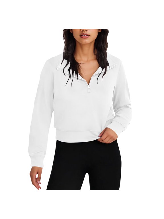 Women's Cropped Half Zip Pullover Quarter Zipper Long Sleeve Sweatshirt for Casual Wear (White, S)