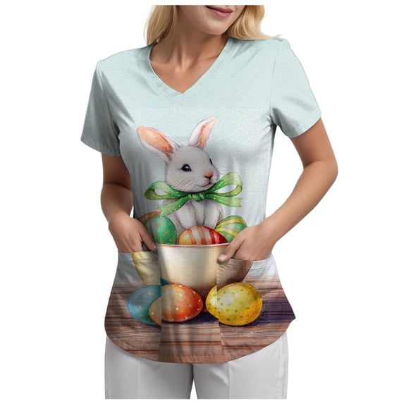 COMVALUE Women's Easter Bunny Shirt V Neck Short Sleeve Cute Rabbit Egg Print Casual Top with Pockets Side Slits Easter Spring Tee (Sky Blue, XL)