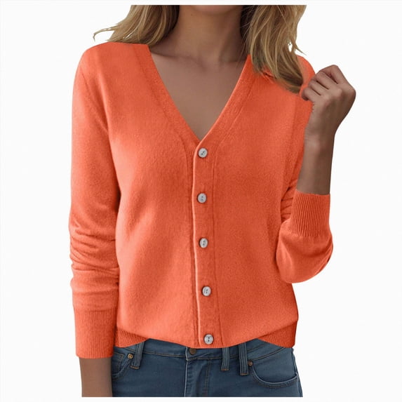 COMVALUE Women's Fall Cardigan Sweaters Lightweight V Neck Long Sleeve Open Front Fall Winter Knitted Cardigans Outerwear (Orange, XXL)