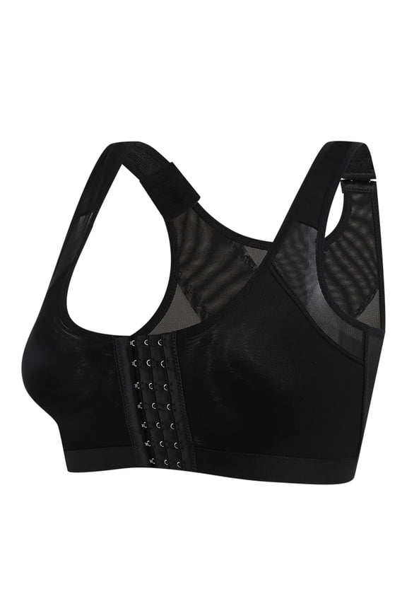 Women's Front Closure Post Surgery Compression Bras Adjustable Strap Wirefree Breast Enhancement Posture Bra (Black, M)