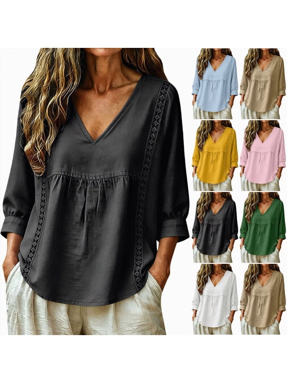 Women's Gauze Tops V Neck 3/4 Sleeve Lace Trim Cotton Linen Shirts Loose Fit Casual Travel Vacation Tunic Blouses Yellow for Size L