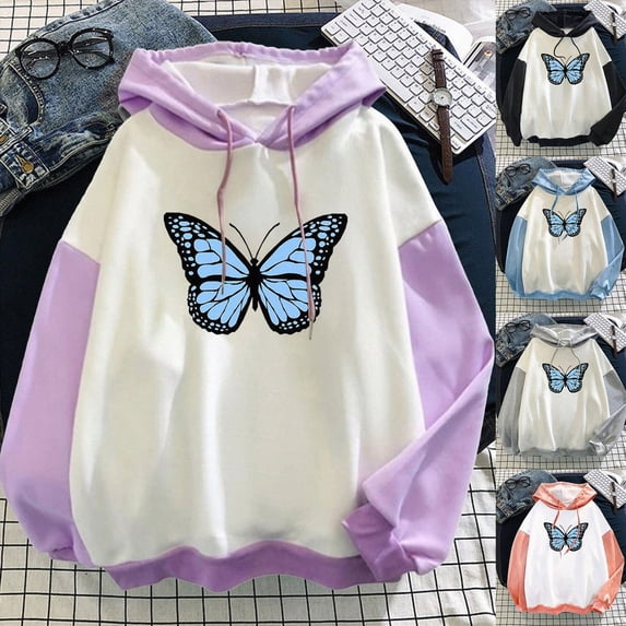 COMVALUE Women's Graphic Hoodies Heart Print Drawstring Long Sleeve Pocket Sweatshirt Pullover Tops Light Blue Size L