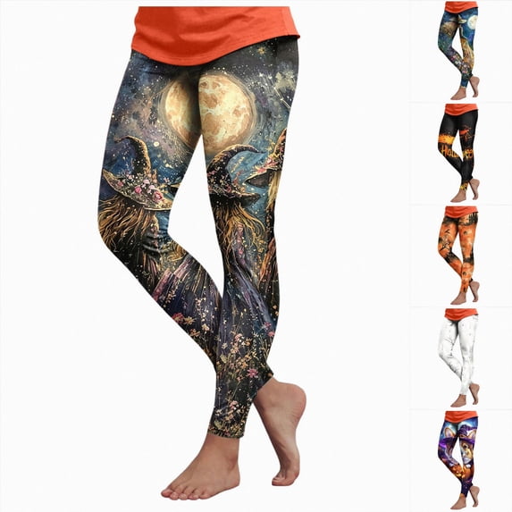 COMVALUE Women's Halloween Pumpkin Skulls Printed Ankle Elastic Tights Legging Halloween Yellow Size M