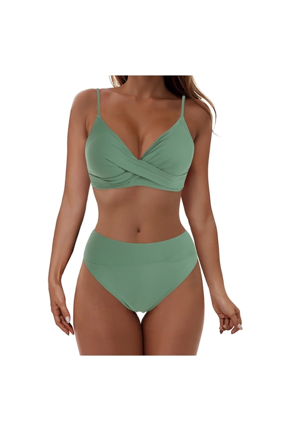 Women's High Waisted Bikini Sets Push Up Twist Front Spaghetti Straps Ruched Two Piece Swimsuit Bathing Suit (Army Green, L)