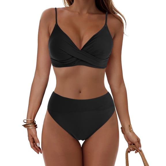 COMVALUE Women's High Waisted Bikini Sets Push Up Twist Front Spaghetti Straps Ruched Two Piece Swimsuit Bathing Suit (Black, XL)