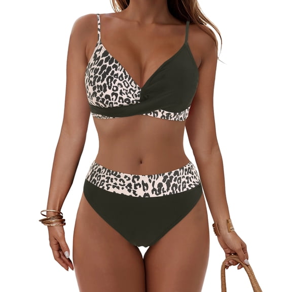 COMVALUE Women's High Waisted Bikini Sets Push Up Twist Front Spaghetti Straps Ruched Two Piece Swimsuit Bathing Suit (Khaki, S)