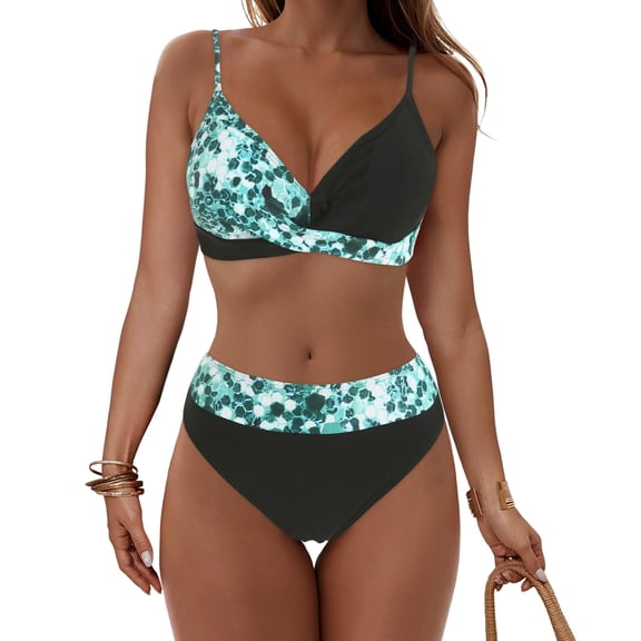 COMVALUE Women's High Waisted Bikini Sets Push Up Twist Front Spaghetti Straps Ruched Two Piece Swimsuit Bathing Suit (Mint Green, L)