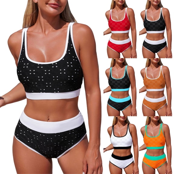 COMVALUE Women's High Waisted Bikini Sets Sporty Two Piece Swimsuits Color Block Cheeky High Cut Bathing Suits (Black, XL)