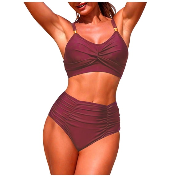 COMVALUE Women's High Waisted Twist Front Bikini Sets Matel Tummy Control Swimsuits V Neck Bathing Suit (Wine, XXL)