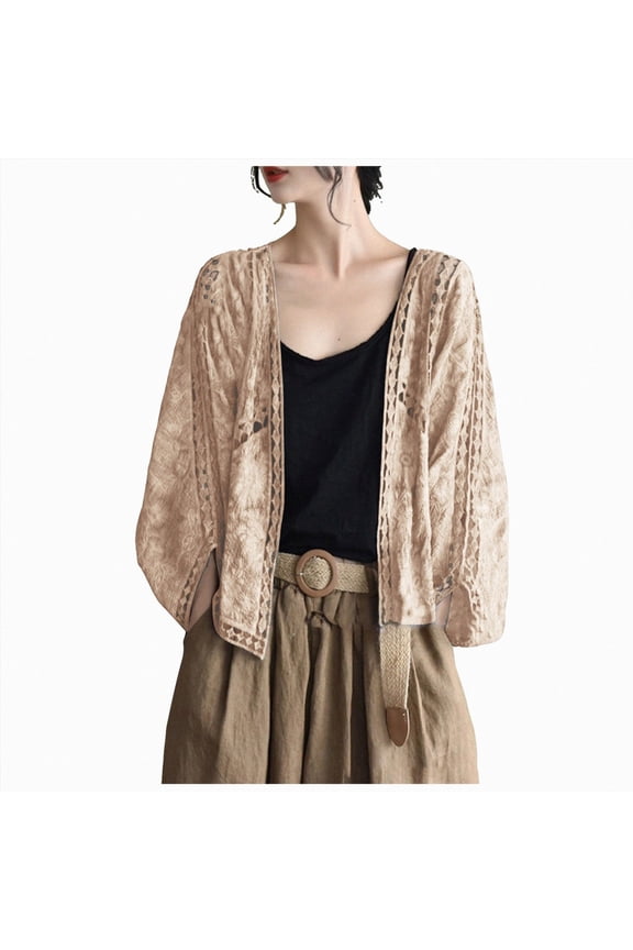 Women’s Lace Embroidery Cardigan Boho Cropped Batwing Sleeve Open Front Oversized Bolero Shrugs (Yellow, One Size)